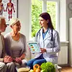 DALL·E 2024-07-05 14.03.29 – A professional dietitian in Bielsko, Poland, providing nutritional support for seniors. The scene shows a friendly dietitian consulting with an elderl