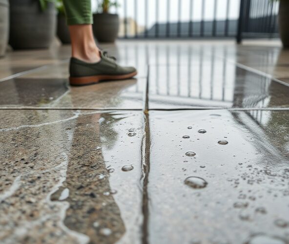 Czy kamień kwarcytowy na tarasie bywa śliski po deszczu?