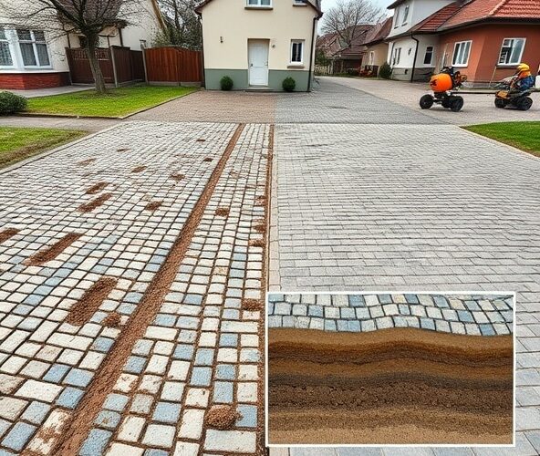 Czy stabilizacja gruntu cementem przy podjeździe z kostki brukowej na gliniastej działce ograniczy koleiny i koszty napraw w kolejnych latach?