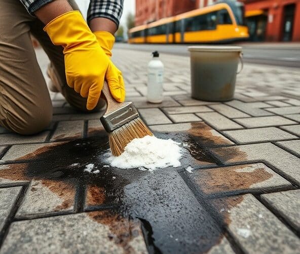 Jak usunąć stare plamy oleju z kostki brukowej w Łodzi tanio i bez myjki?